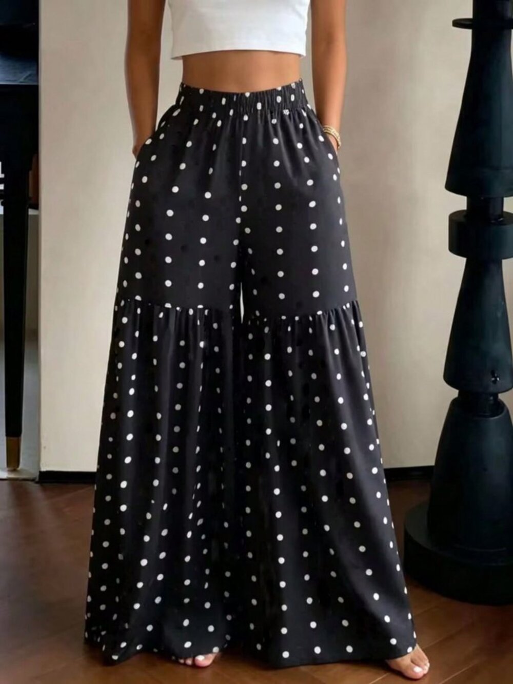 Black And White Casual Women's Elegant Polka Dot Print Wide Leg Pants - Picture 3 of 5